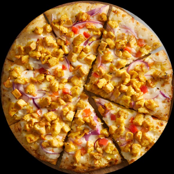 Masala Slice's Indian pizza with chicken tikka, red onions, and bell peppers on a wooden board.