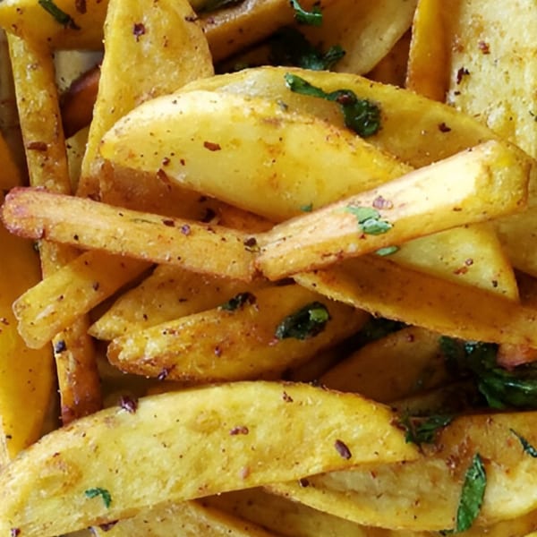 Close-up of golden Masala Slice fries, seasoned with spices and green herbs.