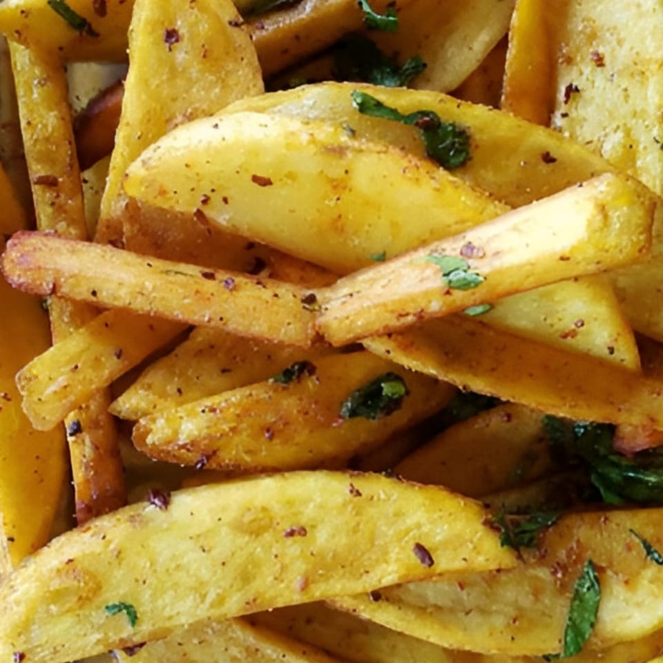 Close-up of golden Masala Slice fries, seasoned with spices and green herbs.