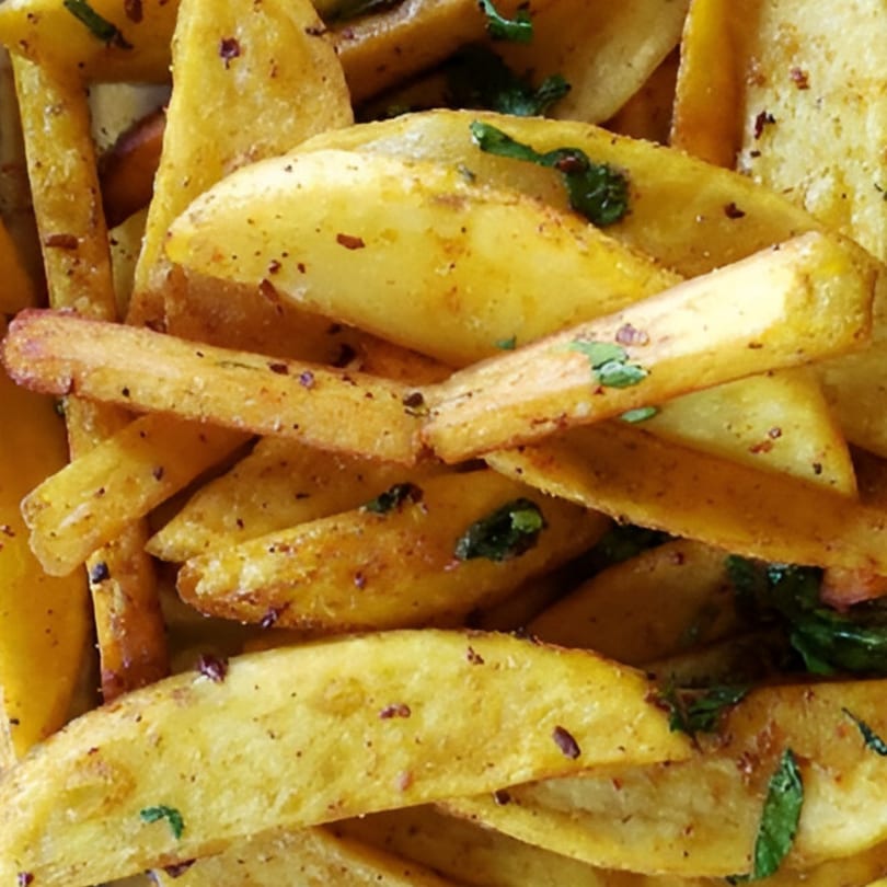 Close-up of golden Masala Slice fries, seasoned with spices and green herbs.